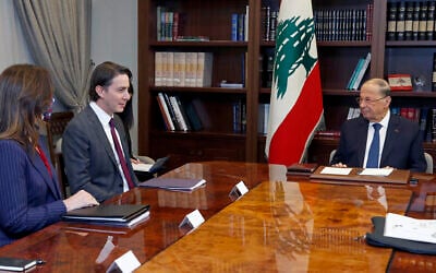 Lebanese President Michel Aoun, right, meets with US Envoy for Energy Affairs Amos Hochstein, center, and US Ambassador to Lebanon Dorothy Shea, left, at the presidential palace in Baabda, east of Beirut, Lebanon, February 9, 2022. (Dalati Nohra/Lebanese Official Government via AP)