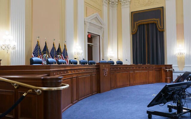 Television crews and technicians prepare the Cannon Caucus Room for a hearing by the House select committee investigating the attack of Jan. 6, 2021, at the Capitol in Washington, June 7, 2022. (J. Scott Applewhite/AP) Television crews and technicians prepare the Cannon Caucus Room for a hearing by the House select committee investigating the attack of Jan. 6, 2021, at the Capitol in Washington, June 7, 2022. (J. Scott Applewhite/AP)