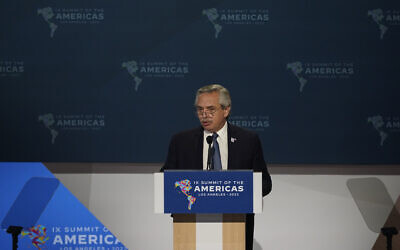 Argentina President Alberto Fernandez,  June 9, 2022, in Los Angeles. (AP Photo/Marcio Jose Sanchez)