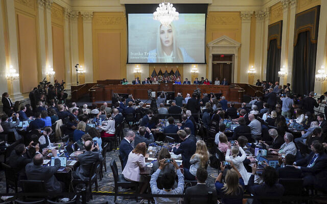 An image of Ivanka Trump is displayed on a screen as the House select committee investigating the Jan. 6 attack on the U.S. Capitol holds its first public hearing to reveal the findings of a year-long investigation, on Capitol Hill in Washington, Thursday, June 9, 2022. (Jabin Botsford/The Washington Post via AP, Pool) An image of Ivanka Trump is displayed on a screen as the House select committee investigating the Jan. 6 attack on the U.S. Capitol holds its first public hearing to reveal the findings of a year-long investigation, on Capitol Hill in Washington, Thursday, June 9, 2022. (Jabin Botsford/The Washington Post via AP, Pool)