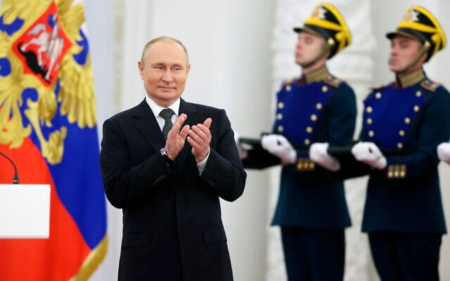 Russian President Vladimir Putin attends the State Prize awards ceremony while marking Russia Day in the Kremlin in Moscow, Russia, June 12, 2022. (Mikhail Metzel, Sputnik, Kremlin Pool Photo via AP) Russian President Vladimir Putin attends the State Prize awards ceremony while marking Russia Day in the Kremlin in Moscow, Russia, June 12, 2022. (Mikhail Metzel, Sputnik, Kremlin Pool Photo via AP)
