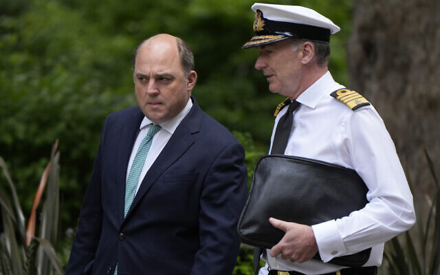 Britain's Defence Secretary Ben Wallace, left, with the Chief of the Defence Staff Admiral Anthony Radakin, walks to a meeting at 10 Downing Street in London, Monday, June 13, 2022. (AP/Alastair Grant) Britain's Defence Secretary Ben Wallace, left, with the Chief of the Defence Staff Admiral Anthony Radakin, walks to a meeting at 10 Downing Street in London, Monday, June 13, 2022. (AP/Alastair Grant)
