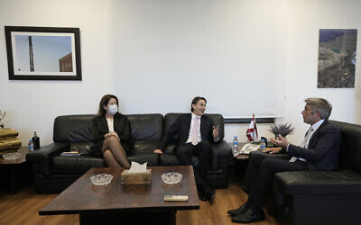 Lebanon's Electricity Minister Walid Fayad, right, meets with US Envoy for Energy Affairs Amos Hochstein, center, and US Ambassador to Lebanon Dorothy Shea in Beirut, Lebanon, June 13, 2022. (Hassan Ammar/AP)