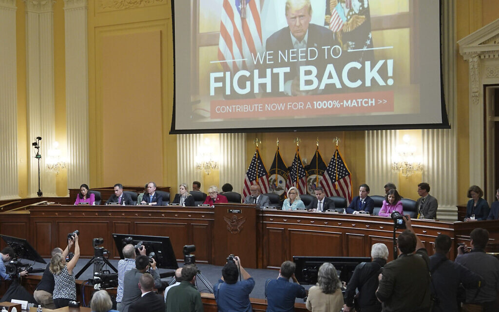 A video of former US president Donald Trump speaking is displayed as the House select committee investigating the January 6 attack on the US Capitol continues to reveal its findings of a year-long investigation, at the Capitol in Washington, June 13, 2022. (Mandel Ngan/Pool via AP) A video of former US president Donald Trump speaking is displayed as the House select committee investigating the January 6 attack on the US Capitol continues to reveal its findings of a year-long investigation, at the Capitol in Washington, June 13, 2022. (Mandel Ngan/Pool via AP)