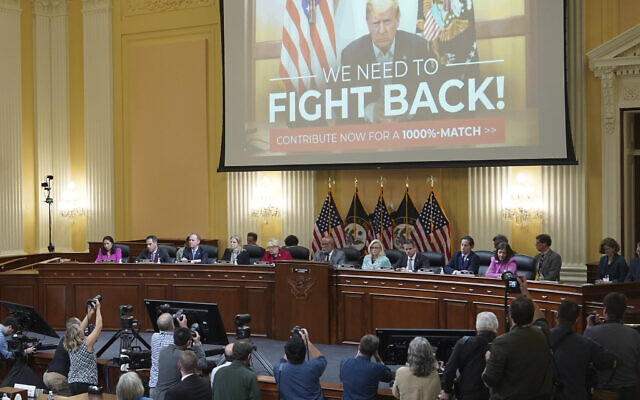 A video of former US president Donald Trump speaking is displayed as the House select committee investigating the January 6 attack on the US Capitol continues to reveal its findings of a year-long investigation, at the Capitol in Washington, June 13, 2022. (Mandel Ngan/Pool via AP) A video of former US president Donald Trump speaking is displayed as the House select committee investigating the January 6 attack on the US Capitol continues to reveal its findings of a year-long investigation, at the Capitol in Washington, June 13, 2022. (Mandel Ngan/Pool via AP)