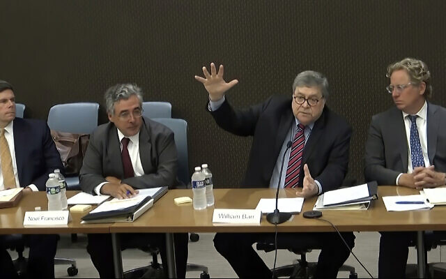 In this image from video released by the House Select Committee, former Attorney General William Barr speaks during a video deposition to the House select committee investigating the January 6 attack on the US Capitol, that was shown as an exhibit at the hearing June 13, 2022, on Capitol Hill in Washington. (House Select Committee via AP) In this image from video released by the House Select Committee, former Attorney General William Barr speaks during a video deposition to the House select committee investigating the January 6 attack on the US Capitol, that was shown as an exhibit at the hearing June 13, 2022, on Capitol Hill in Washington. (House Select Committee via AP)