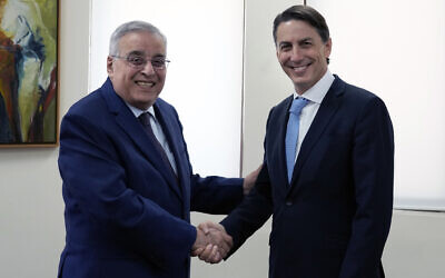 US Envoy for Energy Affairs Amos Hochstein with Lebanese Foreign Minister Abdallah Bouhabib, left, in Beirut, Lebanon, June 14, 2022. (AP/Bilal Hussein)
