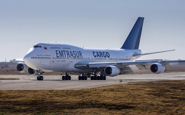 A Venezuelan-owned Boeing 747 taxis on the runway after landing in the Ambrosio Taravella airport in Cordoba, Argentina, June 6, 2022. (AP/Sebastian Borsero) A Venezuelan-owned Boeing 747 taxis on the runway after landing in the Ambrosio Taravella airport in Cordoba, Argentina, June 6, 2022. (AP/Sebastian Borsero)