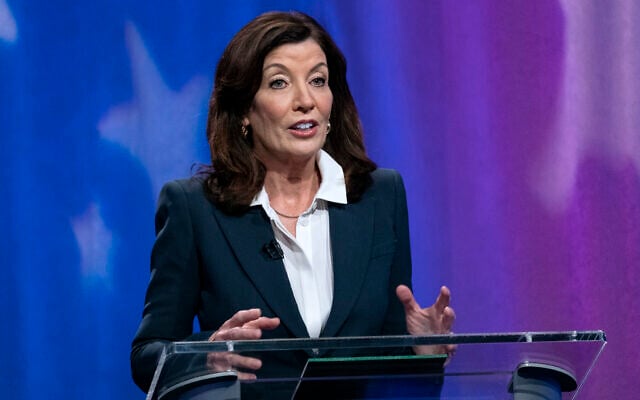 New York Governor Kathy Hochul speaks during a New York governor primary debate at the studios of WNBC4-TV, June, 16, 2022, in New York. (Craig Ruttle/Newsday via AP, Pool) New York Governor Kathy Hochul speaks during a New York governor primary debate at the studios of WNBC4-TV, June, 16, 2022, in New York. (Craig Ruttle/Newsday via AP, Pool)