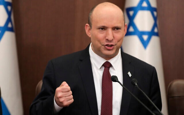 Prime Minister Naftali Bennett chairs a cabinet meeting at the Prime Minister's Office in Jerusalem, June 19, 2022. (Abir Sultan/Pool Photo via AP) Prime Minister Naftali Bennett chairs a cabinet meeting at the Prime Minister's Office in Jerusalem, June 19, 2022. (Abir Sultan/Pool Photo via AP)