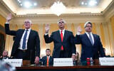 Rusty Bowers, Arizona state House Speaker, from left, Brad Raffensperger, Georgia Secretary of State, and Gabe Sterling, Georgia Deputy Secretary of State, are sworn in to testify as the House select committee investigating the January 6 attack on the US Capitol continues to reveal its findings of a year-long investigation, at the Capitol in Washington, June 21, 2022. (AP Photo/Jacquelyn Martin)