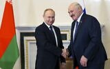 Russian President Vladimir Putin, left, and Belarusian President Alexander Lukashenko shake hands during their meeting in St. Petersburg, Russia, June 25, 2022. (Mikhail Metzel/Sputnik, Kremlin Pool Photo via AP)