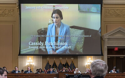 Cassidy Hutchinson, a top former aide to Trump White House Chief of Staff Mark Meadows, is seen in a video of her interview with the House select committee investigating the Jan. 6 attack on the U.S. Capitol, during a hearing on Thursday, June 23, 2022, at the Capitol in Washington. (AP Photo/J. Scott Applewhite)