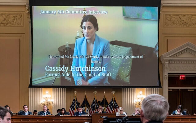 Cassidy Hutchinson, a top former aide to Trump White House Chief of Staff Mark Meadows, is seen in a video of her interview with the House select committee investigating the Jan. 6 attack on the U.S. Capitol, during a hearing on Thursday, June 23, 2022, at the Capitol in Washington. (AP Photo/J. Scott Applewhite) Cassidy Hutchinson, a top former aide to Trump White House Chief of Staff Mark Meadows, is seen in a video of her interview with the House select committee investigating the Jan. 6 attack on the U.S. Capitol, during a hearing on Thursday, June 23, 2022, at the Capitol in Washington. (AP Photo/J. Scott Applewhite)