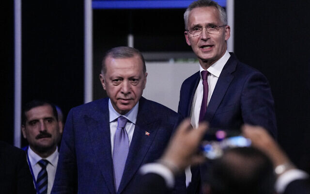 Turkish President Recep Tayyip Erdogan, second left, and NATO Secretary General Jens Stoltenberg before signing a memorandum in which Turkey agrees to Finland and Sweden's membership of the defense alliance in Madrid, Spain on Tuesday, June 28, 2022. (AP/Bernat Armangue) Turkish President Recep Tayyip Erdogan, second left, and NATO Secretary General Jens Stoltenberg before signing a memorandum in which Turkey agrees to Finland and Sweden's membership of the defense alliance in Madrid, Spain on Tuesday, June 28, 2022. (AP/Bernat Armangue)