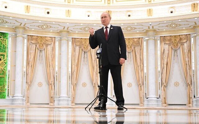 Russian President Vladimir Putin speaks to the media after the summit of Caspian Sea littoral states in Ashgabat, Turkmenistan, June 30, 2022. (Dmitry Azarov, Sputnik, Kremlin Pool Photo via AP) Russian President Vladimir Putin speaks to the media after the summit of Caspian Sea littoral states in Ashgabat, Turkmenistan, June 30, 2022. (Dmitry Azarov, Sputnik, Kremlin Pool Photo via AP)