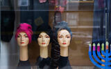 Illustrative: Headcovering for Orthodox Jewish women for sale at a shop in the Jewish quarter in Antwerp, Belgium, on December 9, 2014 (Johanna Geron/FLASH90)