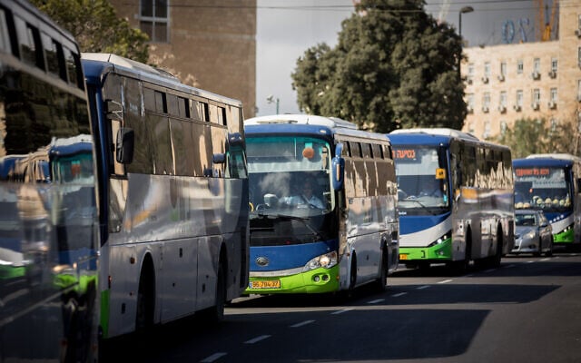 Illustrative: Kavim bus drivers demonstrate against violence directed at them, near the Knesset in Jerusalem on December 17, 2018. (Yonatan Sindel/Flash90)