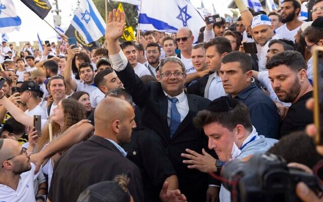 MK Itamar Ben Gvir at the Damascus Gate entrance to Jerusalem's Old City, during Jerusalem Day celebrations, May 29, 2022. (Olivier Fitoussi/Flash90)