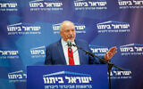 Finance Minister and Israel Beytenu party chairman Avigdor Liberman speaks during a faction meeting at the Knesset in Jerusalem, on May 30, 2022. (Olivier Fitoussi/Flash90)