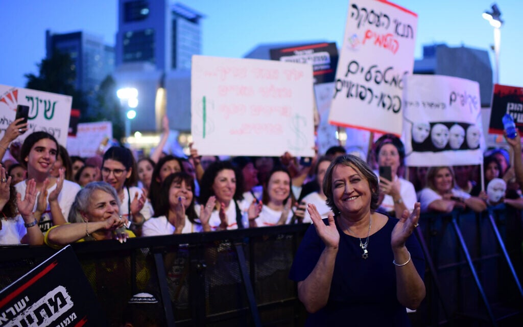 Israeli teachers protest as they demand better pay and working conditions, in Tel Aviv on May 30, 2022. At forefront is Trachers Union chief Yaffa Ben-David (Tomer Neuberg/Flash90) Israeli teachers protest as they demand better pay and working conditions, in Tel Aviv on May 30, 2022. At forefront is Trachers Union chief Yaffa Ben-David (Tomer Neuberg/Flash90)