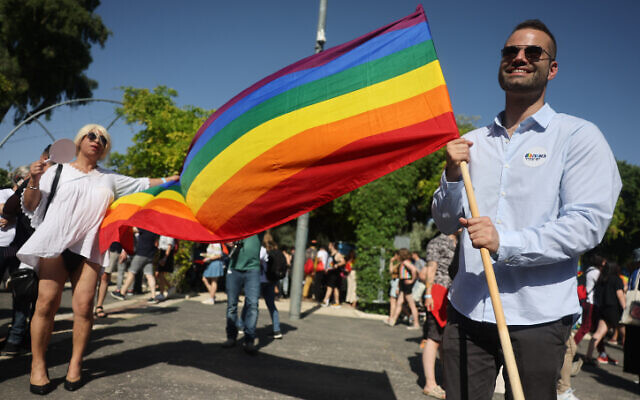 Yesh Atid MK Yorai Lahav Hertzano takes part in the annual Gay Pride Parade in Jerusalem, on June 2, 2022. (Yonatan Sindel/Flash90) Yesh Atid MK Yorai Lahav Hertzano takes part in the annual Gay Pride Parade in Jerusalem, on June 2, 2022. (Yonatan Sindel/Flash90)