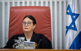 Chief Justice Esther Hayut arrives for a court hearing at the Supreme Court in Jerusalem, about the evacuation of the West Bank outpost of Homesh, June 2, 2022. (Yonatan Sindel/Flash90)