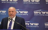 Finance Minister Avigdor Liberman speaks during a Yisrael Beytenu faction meeting at the Knesset on June 6, 2022. (Yonatan Sindel/Flash90)