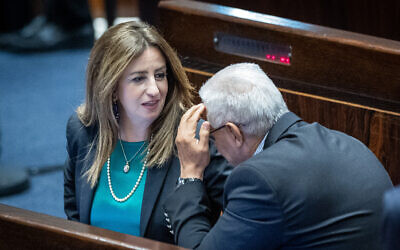Meretz MK Ghaida Rinawie Zoabi (L) speaks with Ra'am MK Mazen Ghanaim (R) during a Knesset discussion on a bill to renew the application of some Israeli law to settlers, June 6, 2022. (Yonatan Sindel/Flash90) Meretz MK Ghaida Rinawie Zoabi (L) speaks with Ra'am MK Mazen Ghanaim (R) during a Knesset discussion on a bill to renew the application of some Israeli law to settlers, June 6, 2022. (Yonatan Sindel/Flash90)