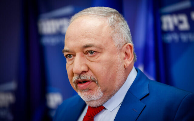 Finance Minister Avigdor Liberman speaks during a Yisrael Beytenu faction meeting at the Knesset in Jerusalem, June 13, 2022. (Olivier Fitoussi/Flash90)