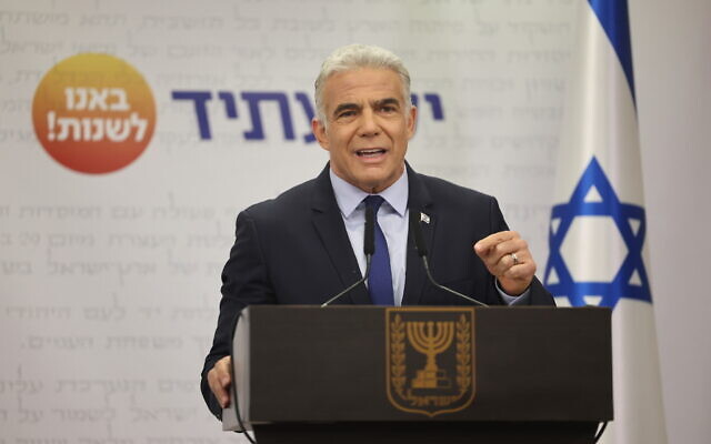 Foreign Minister Yair Lapid speaks during a Yesh Atid faction meeting at the Knesset in Jerusalem, June 20, 2022. (Yonatan Sindel/Flash90) Foreign Minister Yair Lapid speaks during a Yesh Atid faction meeting at the Knesset in Jerusalem, June 20, 2022. (Yonatan Sindel/Flash90)