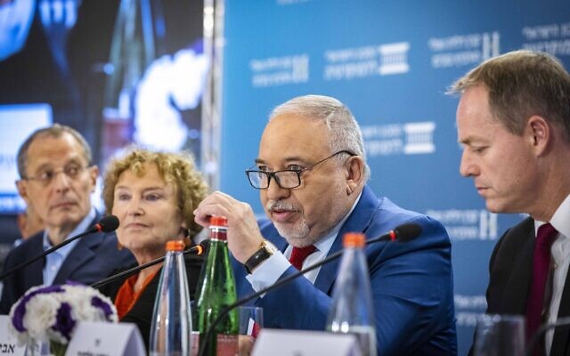 Finance Minister Avigdor Liberman, second-right, attends the Eli Horowitz Conference for Economy and Society, organized by Israel Democracy Institute in Jerusalem on June 21, 2022. (Olivier Fitoussi/Flash90) Finance Minister Avigdor Liberman, second-right, attends the Eli Horowitz Conference for Economy and Society, organized by Israel Democracy Institute in Jerusalem on June 21, 2022. (Olivier Fitoussi/Flash90)