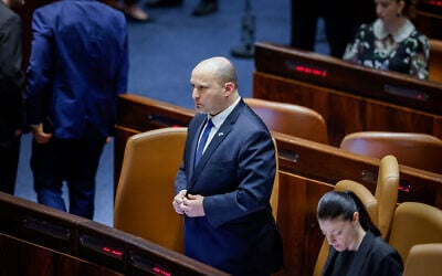 Prime Minister Naftali Bennett during a discussion and a vote on a bill to dissolve the Knesset on June 22, 2022 (Olivier Fitoussi/Flash90)