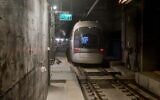 The new Allenby underground station of the light rail Red Line in Tel Aviv, June 23, 2022. Some of the mass transit system runs underground. (Avshalom Sassoni/Flash90)