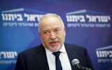 Finance Minister Avigdor Liberman speaks during a faction meeting at the Knesset on June 27, 2022. (Olivier Fitoussi/Flash90)