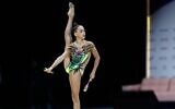 Israeli gymnast Daria Atamanov performs during the rhythmic gymnastics all-around final at the 2022 Rhythmic Gymnastics European Championships in Tel Aviv, June 18, 2022. (Israel Gymnastic Association/Courtesy)