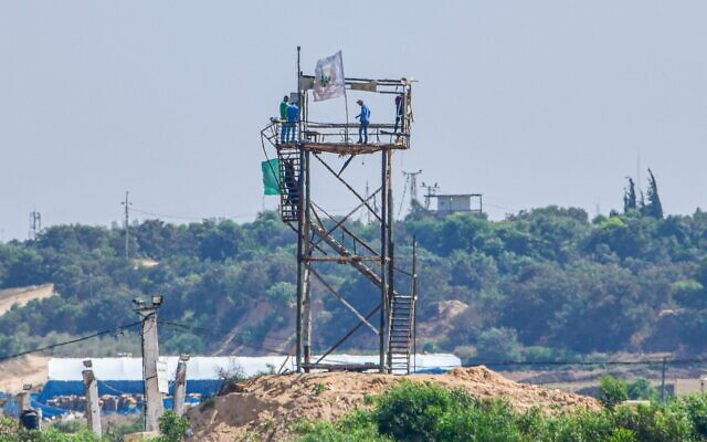 Hamas members are seen in an observation post in Gaza, overlooking an Israeli border community. The site was struck by the Israel Defense Forces hours earlier on June 18, 2022 in response to rocket fire. (Amnon Ziv/Courtesy) Hamas members are seen in an observation post in Gaza, overlooking an Israeli border community. The site was struck by the Israel Defense Forces hours earlier on June 18, 2022 in response to rocket fire. (Amnon Ziv/Courtesy)