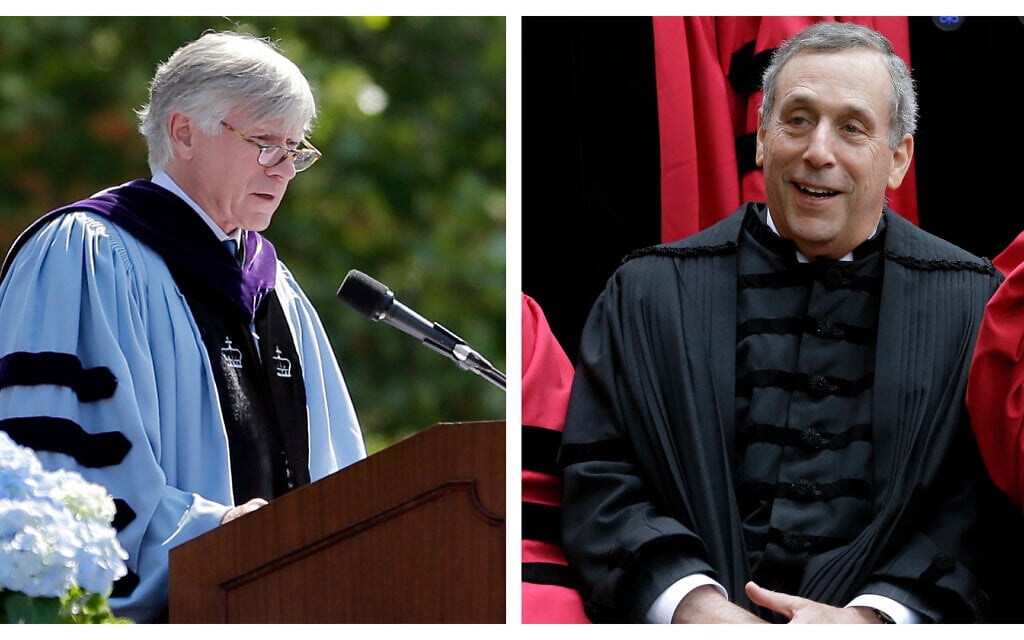 Left: Columbia University president Lee Bollinger speaks during a graduation ceremony in New York, May 17, 2017. (AP Photo/Seth Wenig, File); Harvard President Lawrence Bacow sitting for a photograph before joining a procession though Harvard Yard at the start of Harvard University commencement exercises, May 30, 2019, in Cambridge, Mass. (AP Photo/Steven Senne) Left: Columbia University president Lee Bollinger speaks during a graduation ceremony in New York, May 17, 2017. (AP Photo/Seth Wenig, File); Harvard President Lawrence Bacow sitting for a photograph before joining a procession though Harvard Yard at the start of Harvard University commencement exercises, May 30, 2019, in Cambridge, Mass. (AP Photo/Steven Senne)