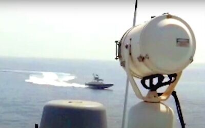 Screen capture from video of what the US Navy's 5th fleet said was a 'unsafe' encounter with Iranian vessels in the Strait of Hormuz, June 20, 2022. (YouTube)