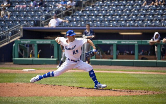 Alon Leichman pitching for Team Israel in an undated photo. (Courtesy IAB)