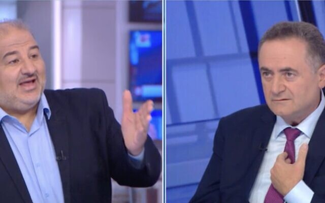 Ra'am leader Mansour Abbas (L) and Likud MK Israel Katz on the Channel 12 news program 'Meet the Press,' June 11, 2022. (Screen capture: Channel 12) Ra'am leader Mansour Abbas (L) and Likud MK Israel Katz on the Channel 12 news program 'Meet the Press,' June 11, 2022. (Screen capture: Channel 12)