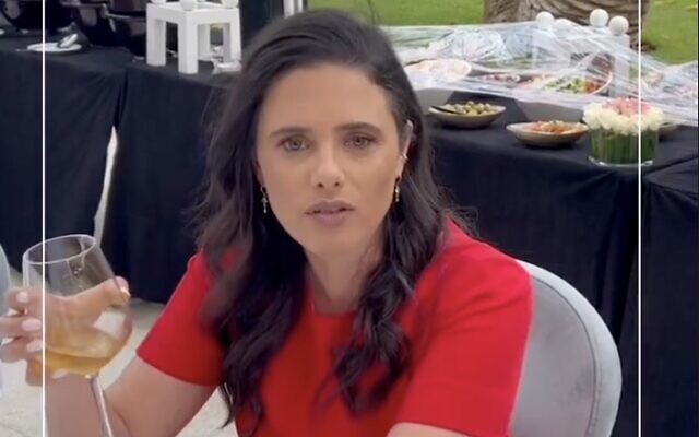 Interior Minister Ayelet Shaked speaks in a video statement filmed from Morocco on June 20, 2022. (Screen capture: Instagram) Interior Minister Ayelet Shaked speaks in a video statement filmed from Morocco on June 20, 2022. (Screen capture: Instagram)