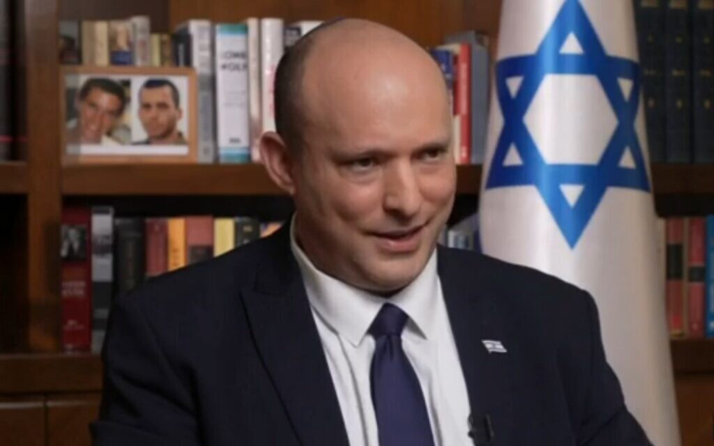 Prime Minister Naftali Bennett in a Channel 12 TV interview broadcast on June 25, 2022. (Channel 12 screenshot)