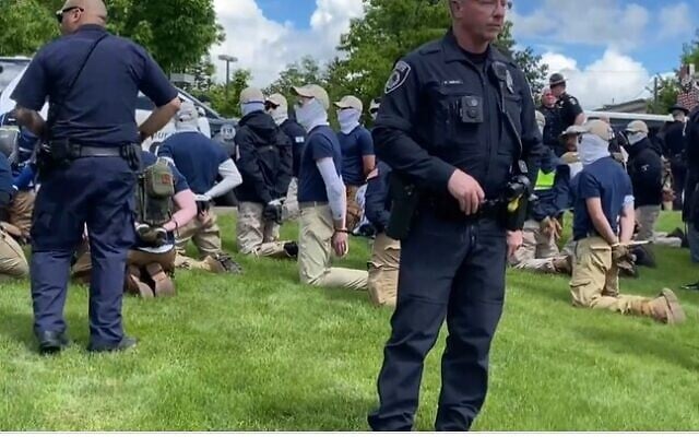 US police arrest 31 members of the white supremacist group Patriot Front near an Idaho pride event on June 11, 2022 (Screencapture/Twitter) US police arrest 31 members of the white supremacist group Patriot Front near an Idaho pride event on June 11, 2022 (Screencapture/Twitter)