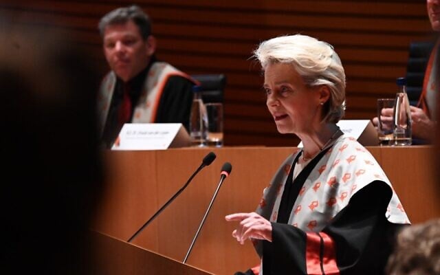 European Commission chief Ursula von der Leyen speaks at Ben Gurion University of the Negev in Beersheba, June 14, 2022 (European Commission) European Commission chief Ursula von der Leyen speaks at Ben Gurion University of the Negev in Beersheba, June 14, 2022 (European Commission)