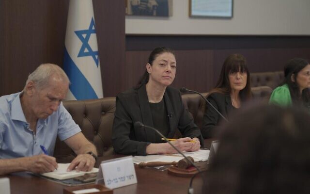 Transportation Minister Merav Michaeli (center) convenes an emergency meeting on violence against women at the Gender Equality Cabinet, June 22, 2022. (Courtesy)