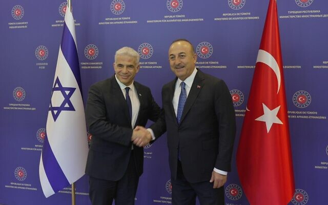 Foreign Minister Yair Lapid (L) meets with his Turkish counterpart, Mevlut Cavusoglu, in Ankara on June 23, 2022. (Boaz Oppenheim/GPO) Foreign Minister Yair Lapid (L) meets with his Turkish counterpart, Mevlut Cavusoglu, in Ankara on June 23, 2022. (Boaz Oppenheim/GPO)