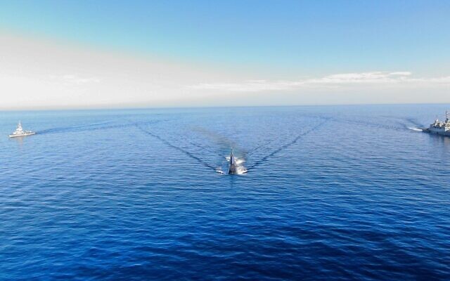 The INS Tekuma Dolphin-class submarine is escorted by Saar 5 and 4.5 Class Corvettes during a drill in the Red Sea, June 2, 2022. (Israel Defense Forces) The INS Tekuma Dolphin-class submarine is escorted by Saar 5 and 4.5 Class Corvettes during a drill in the Red Sea, June 2, 2022. (Israel Defense Forces)