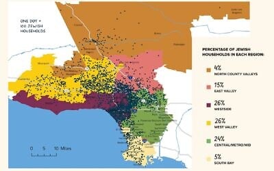 Map of Jewish households in Los Angeles, according to the new population survey. (Courtesy of the Jewish Federation of Greater Los Angeles via JTA) Map of Jewish households in Los Angeles, according to the new population survey. (Courtesy of the Jewish Federation of Greater Los Angeles via JTA)