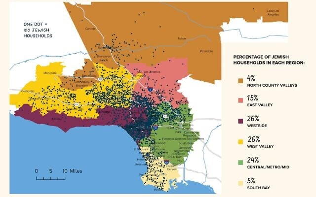 Map of Jewish households in Los Angeles, according to the new population survey. (Courtesy of the Jewish Federation of Greater Los Angeles via JTA) Map of Jewish households in Los Angeles, according to the new population survey. (Courtesy of the Jewish Federation of Greater Los Angeles via JTA)
